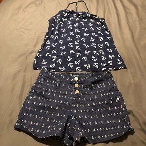 No Boundaries Navy Blue White Anchor Tank Top & Mid Rise Shorts Women's Size L